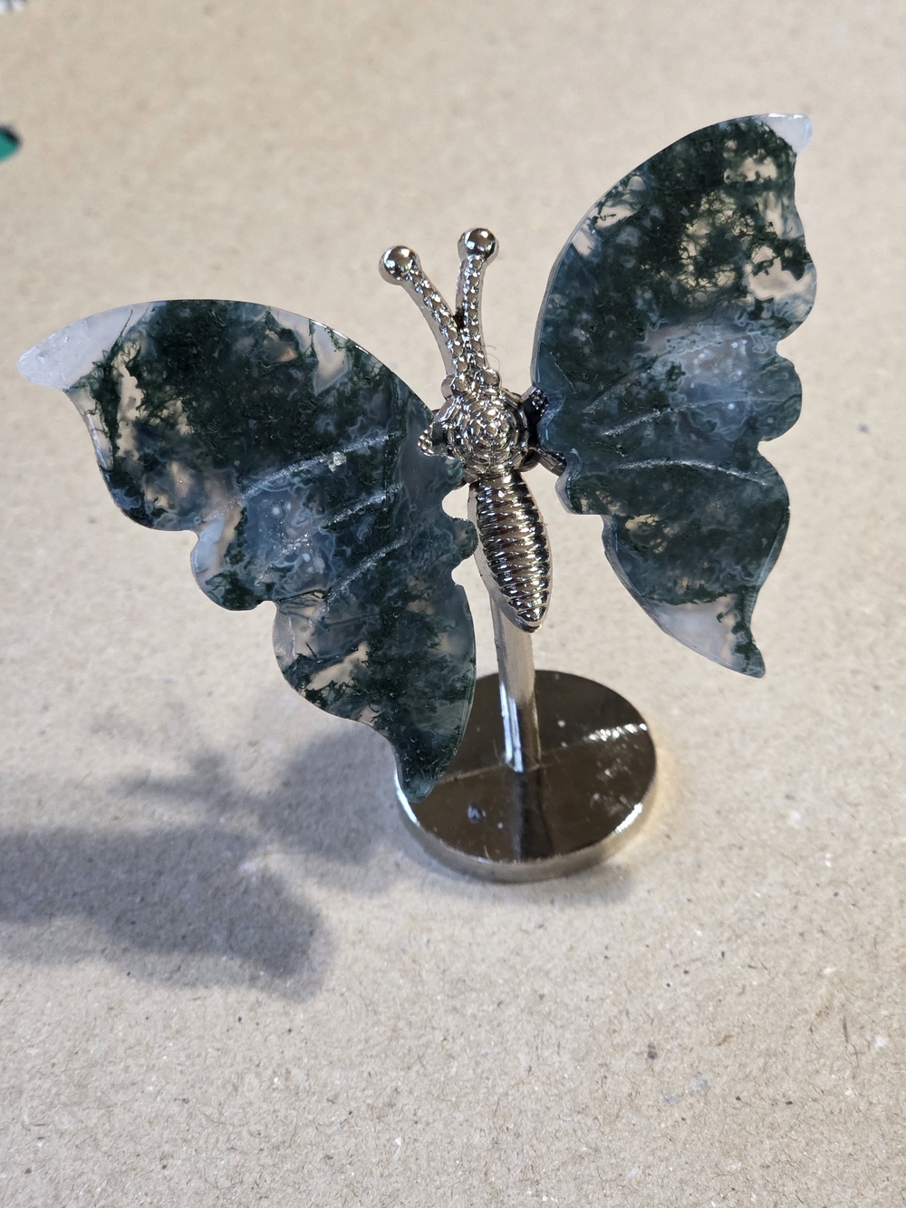 Moss Agate Crystal Butterfly Wings On Metal Body Stand Decor Accent Piece